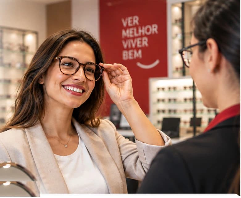 Consultora da Óticas Diniz ajudando cliente a experimentar uma armação na loja
