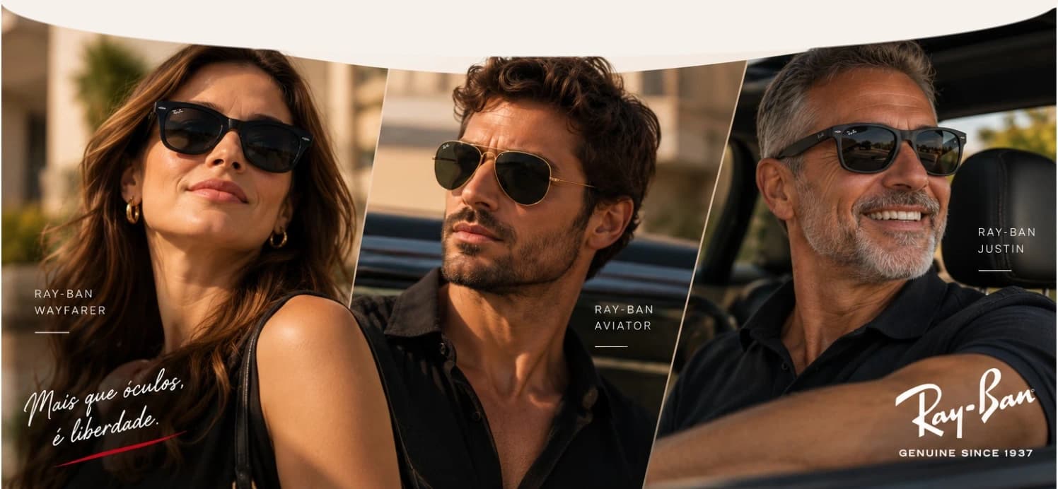Três pessoas usando óculos de sol Ray-Ban: Wayfarer, Aviator e Justin